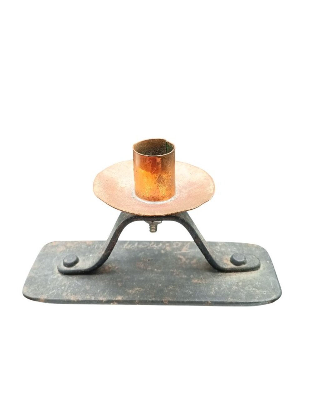 Vintage Copper & Cast Iron Candle Holder Stand Rustic Patina Handcrafted Unique